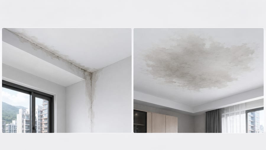 住宅牆角呈現線性延伸水痕，另一側為不規則大片濕痕，對比裂縫滲流與大面積滲透的可能差異。