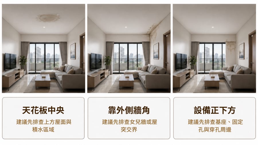室內天花板中央、外側牆角與設備正下方水痕對照，呈現不同屋頂漏水排查方向。
